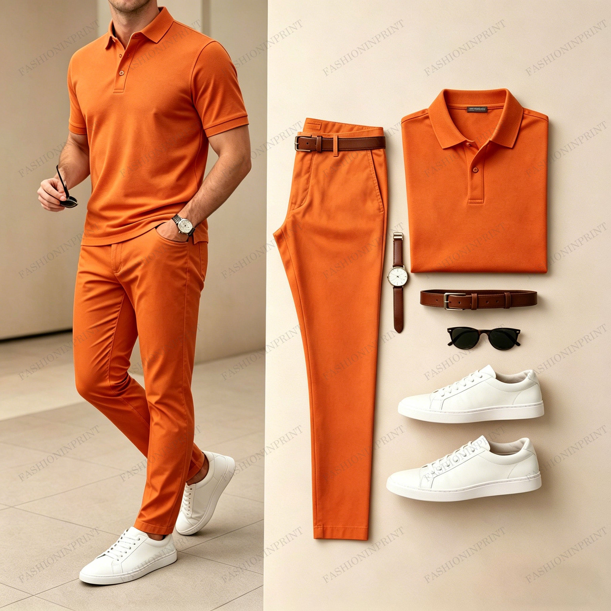 Men's Casual Pure Orange Printed Polo Shirt And Pants Two-Piece Set