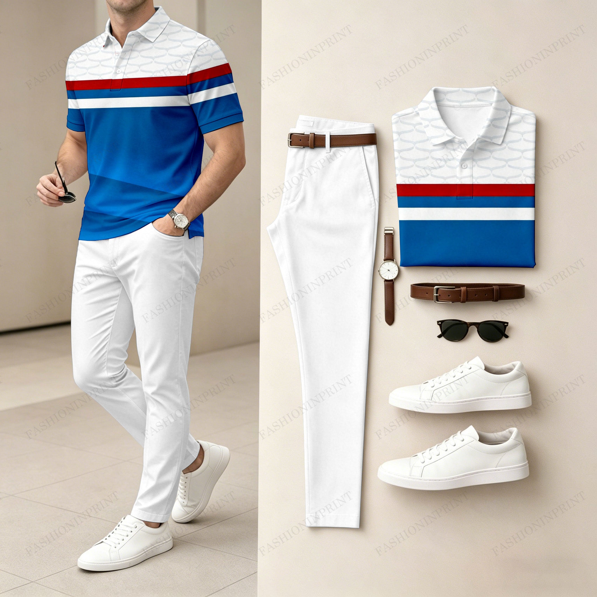 Men's Casual Royal Blue Stripes Printed Polo Shirt And Pants Two-Piece Set