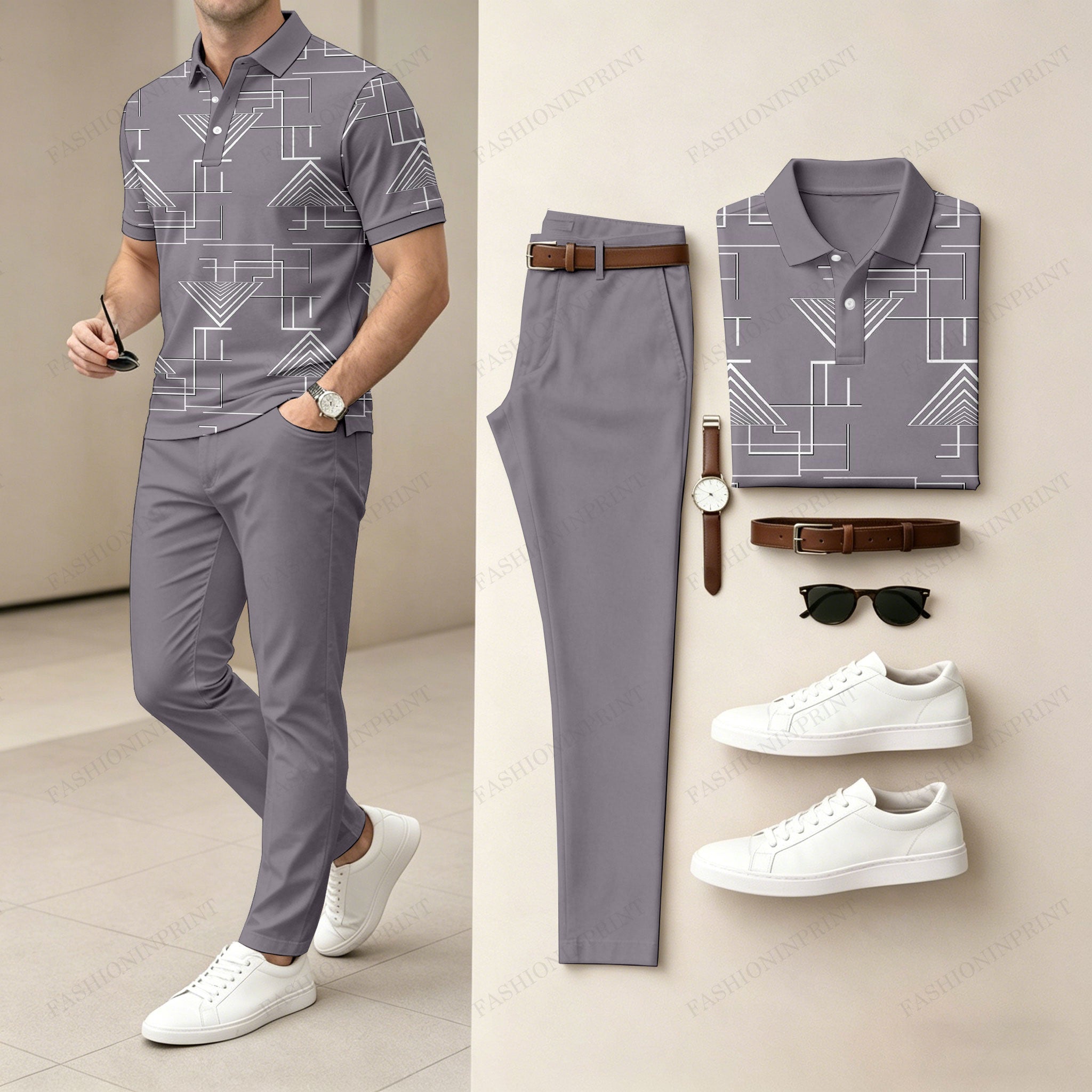 Men's Casual Solid Color Lines Printed Polo Shirt And Pants Two-Piece Set