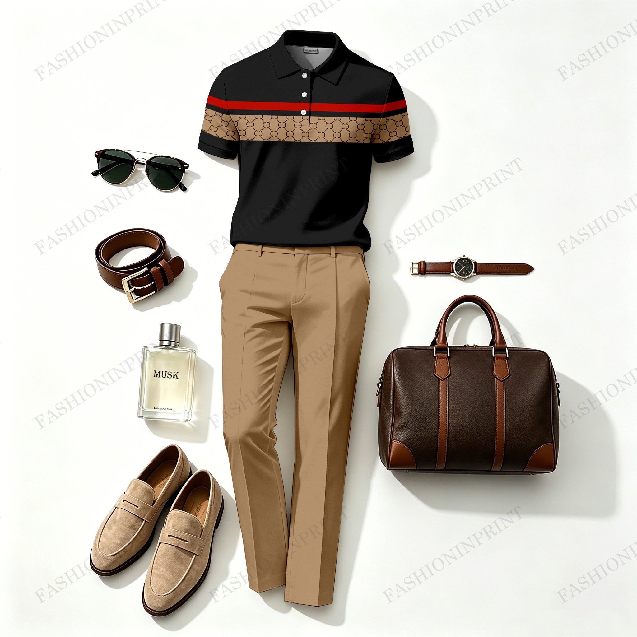 Men's Khaki Plaid Casual Printed Polo Shirt And Pants Two-Piece Set