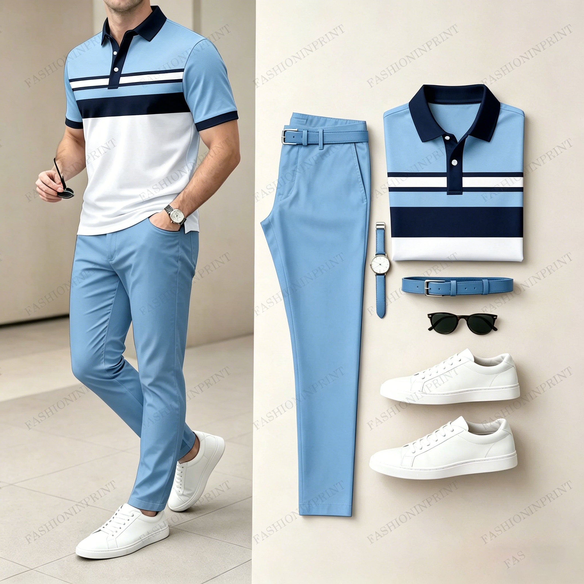 Men's Casual Khaki Geometry Printed Polo Shirt And Pants Two-Piece Set