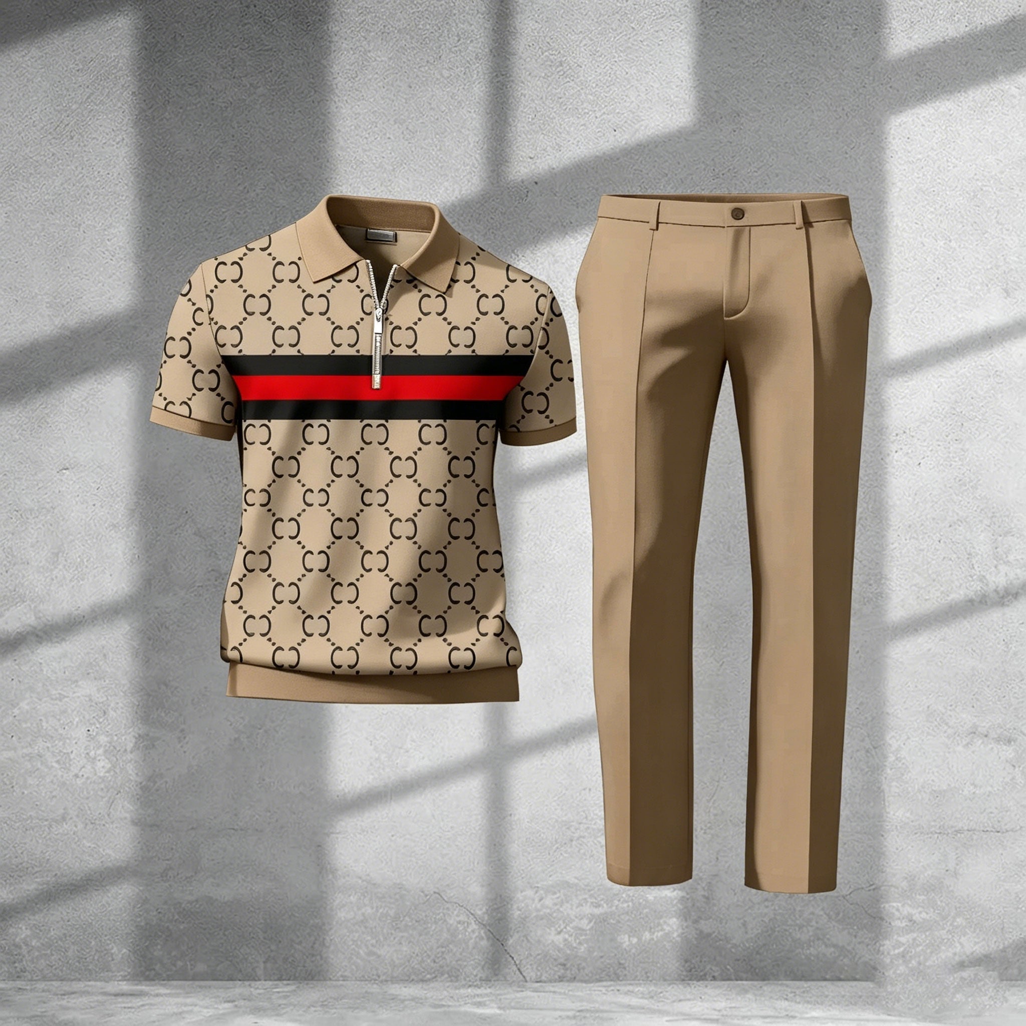 Men's Casual Gray & Black Color Matching Vintage Pattenr Zipper Short Sleeved Polo Shirt & Trousers Two-Piece Set