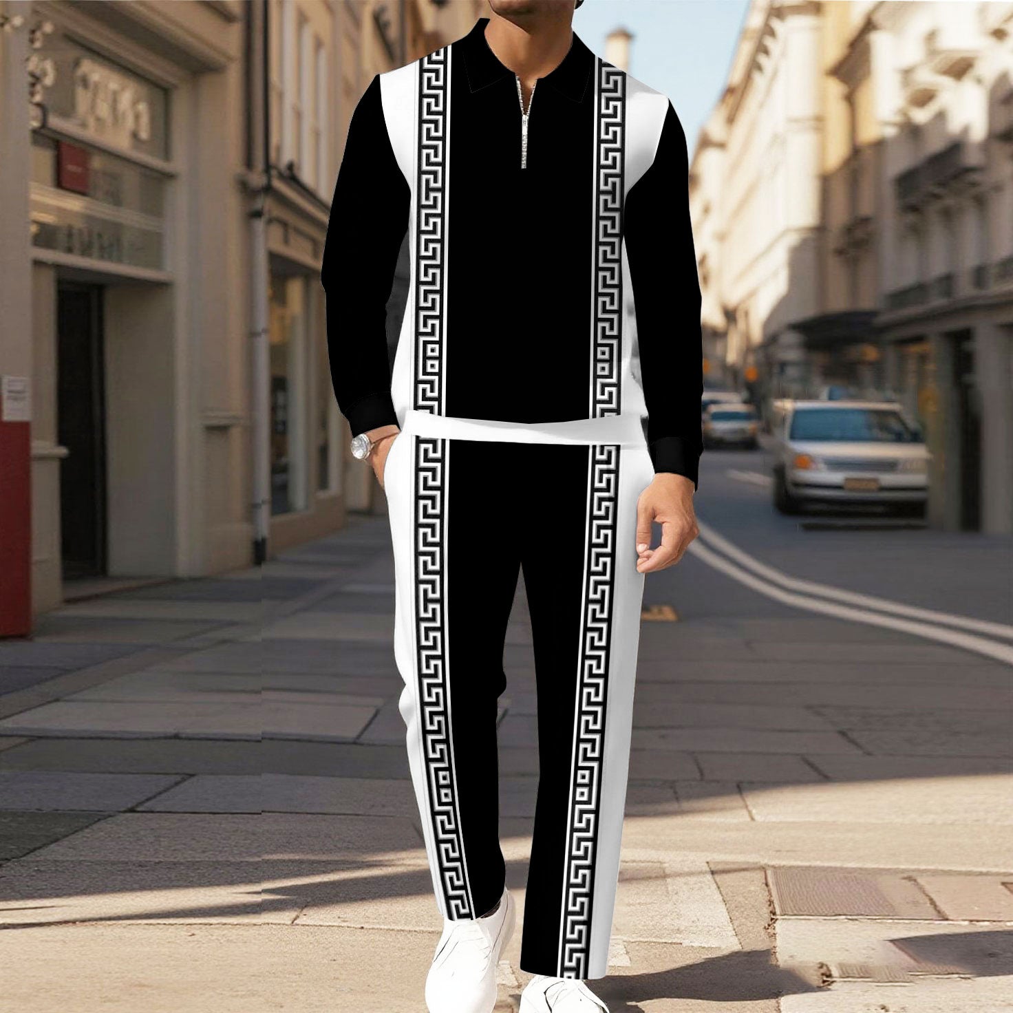 Men's Casual Color Matching Printed Polo-Collar Zipper Long Sleeved Trousers Two-Piece Set