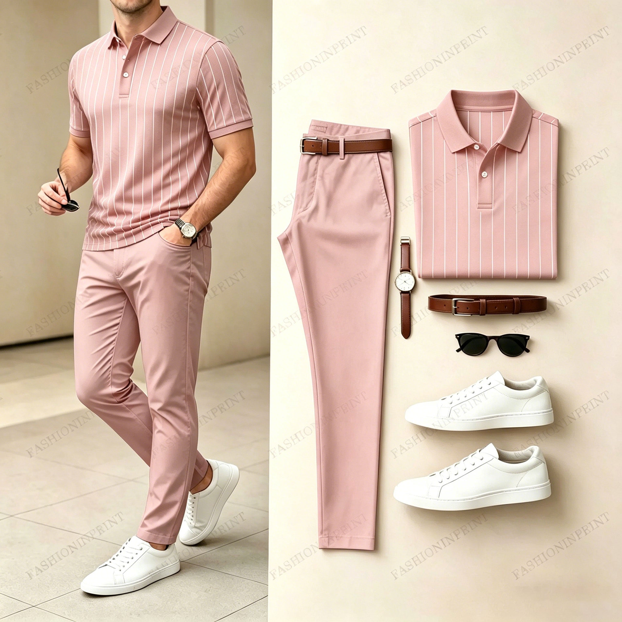 Men's Casual Printed Polo Shirt And Pants Two-Piece Set