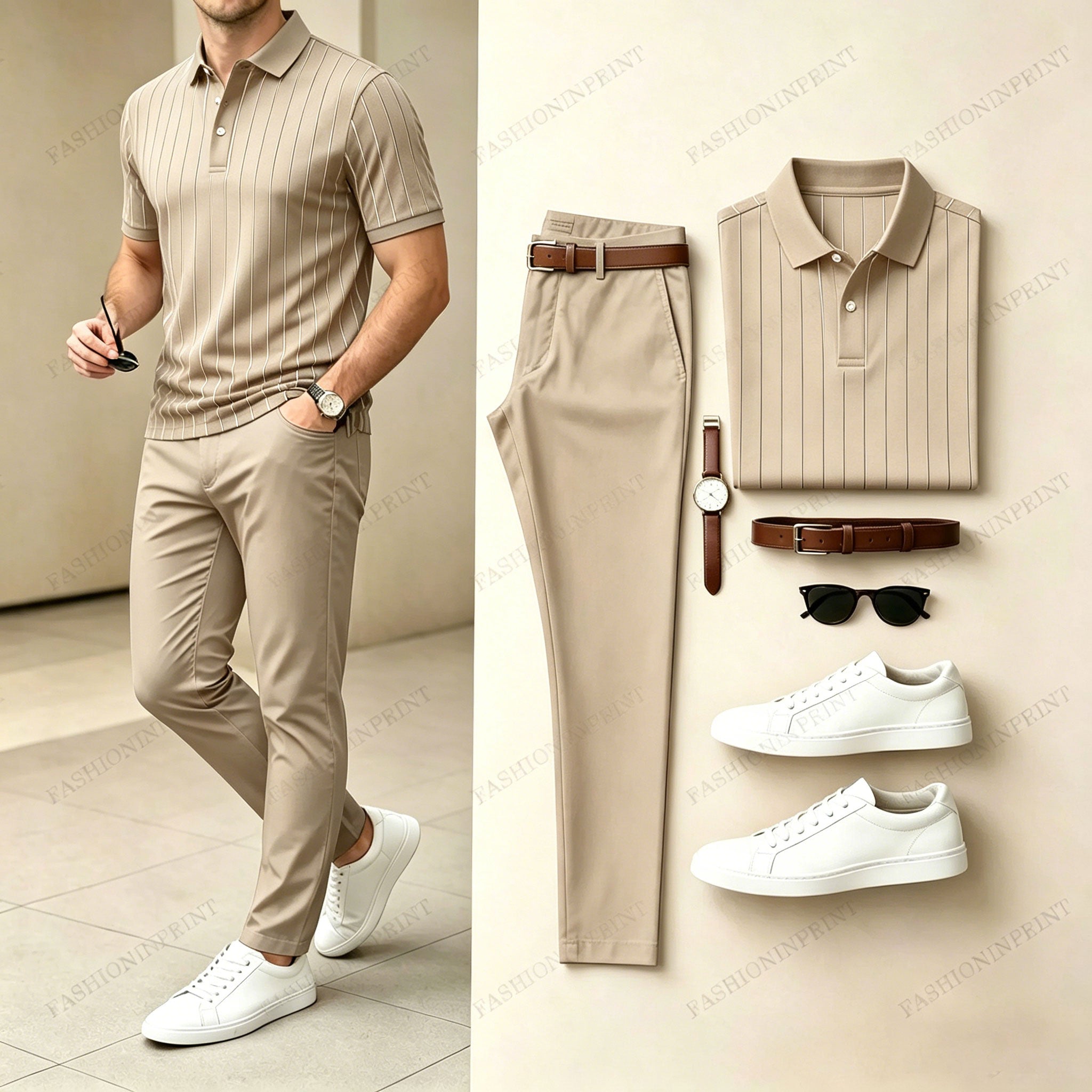 Men's Casual Printed Polo Shirt And Pants Two-Piece Set