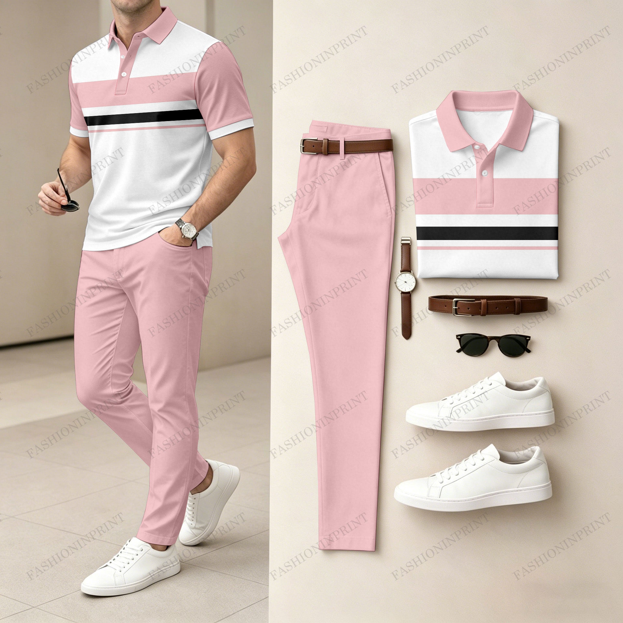 Men's Casual Pink & White Geometric Printed Polo Shirt And Pants Two-Piece Set