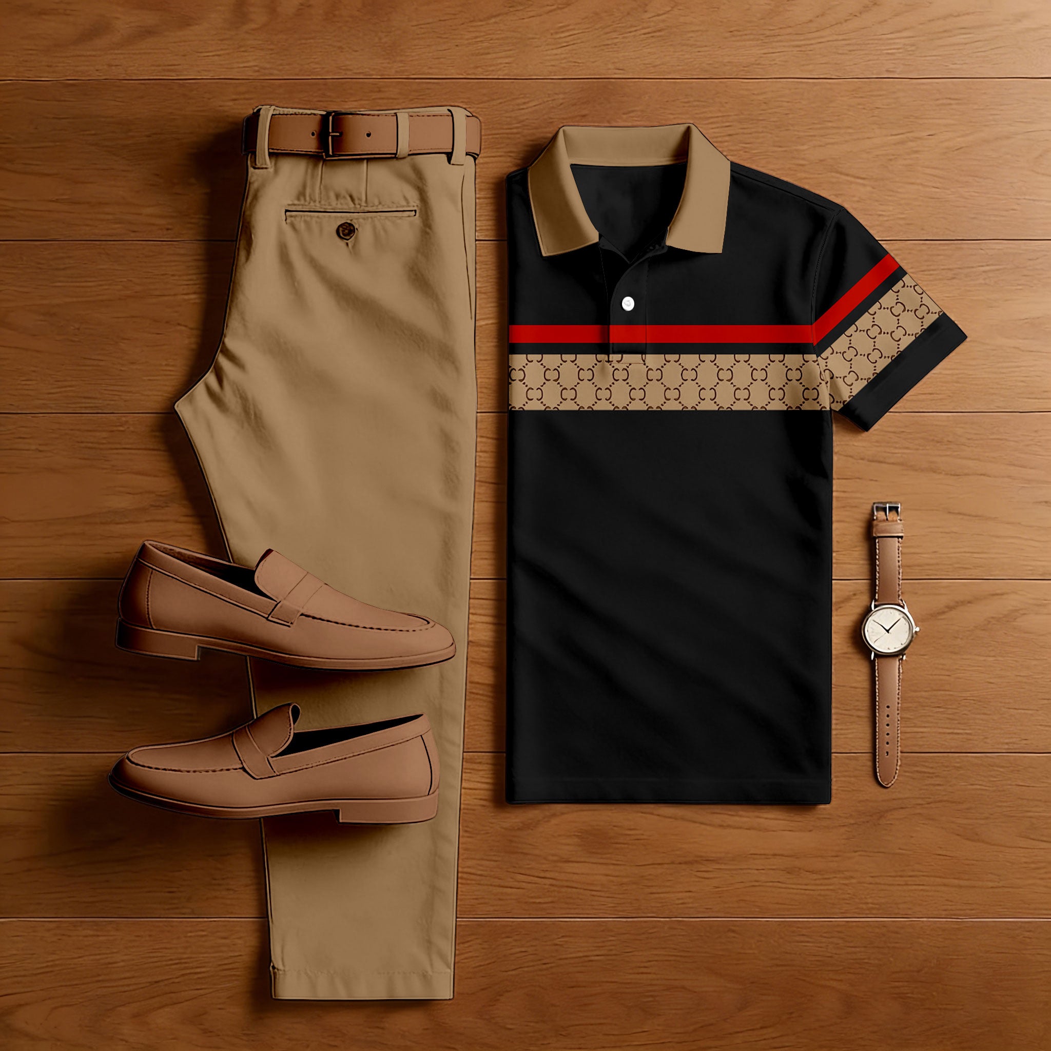 Men's Casual Tan & Black Color Matching VIntage Patchwork Printed Short Sleeved Polo Shirt & Trousers Two-Piece Set 200202