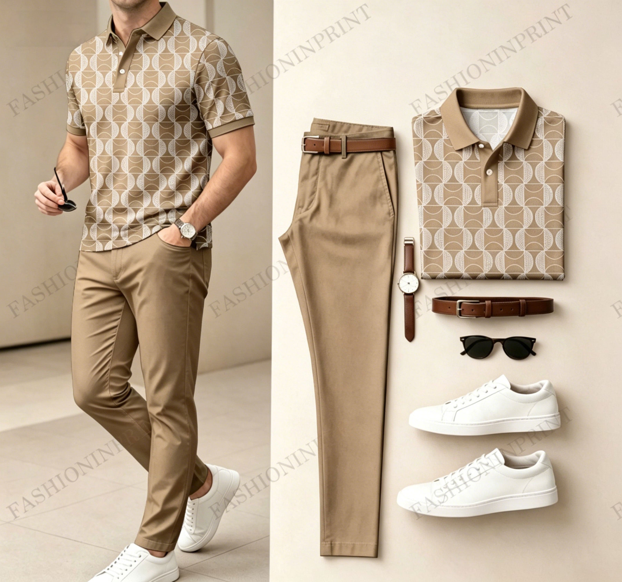 Men's Casual Dark Green Plaid Printed Polo Shirt And Pants Two-Piece Set