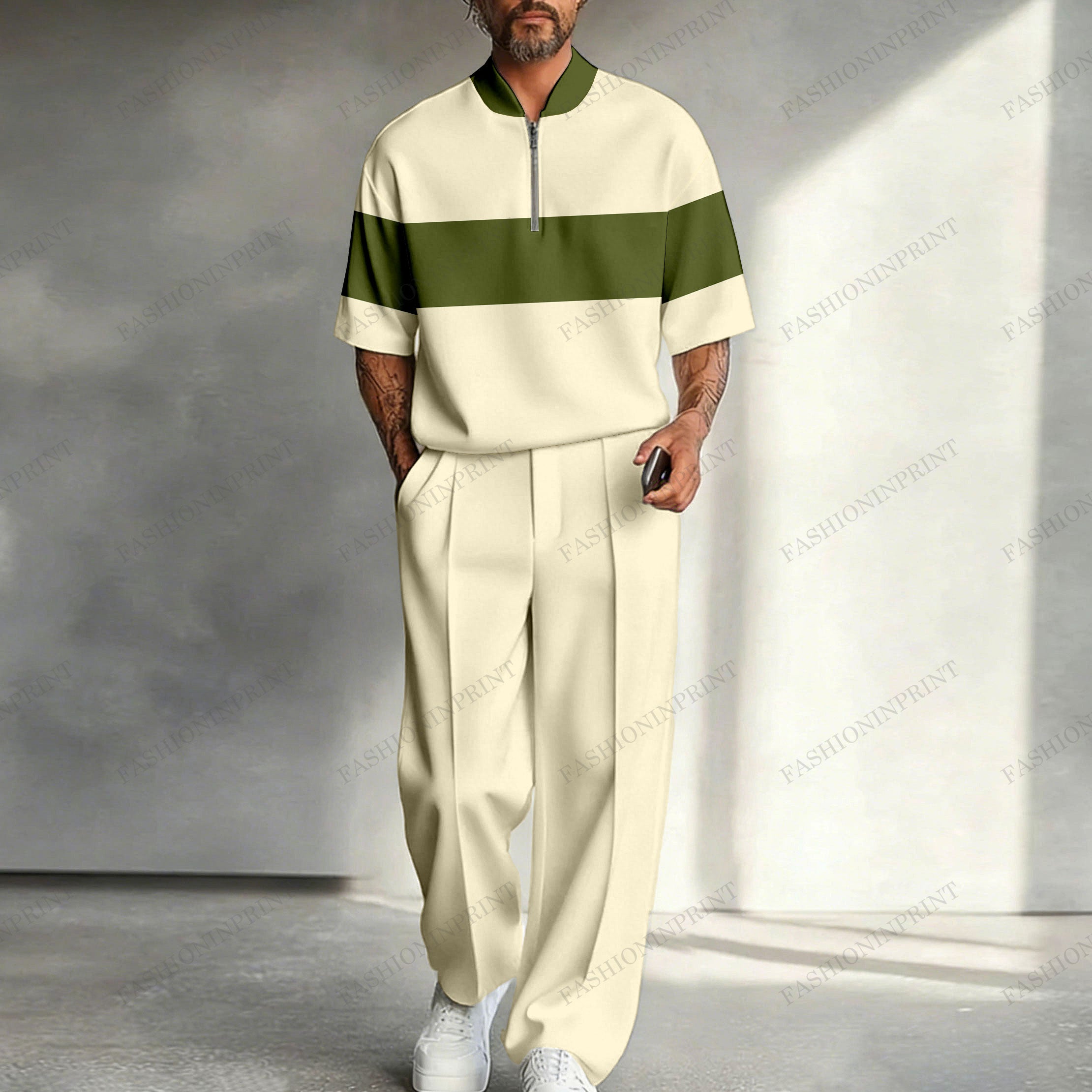 Men's Casual Apricot Striped Half-Zip Shirt And Trousers Two-Piece Set
