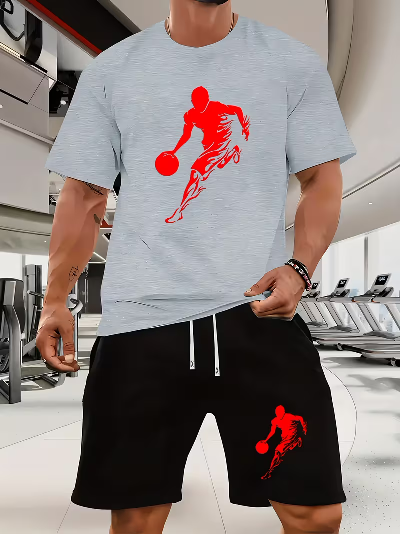 Men's Casual Athletes Playing Ball Crew Neck Short-Sleeved Shirt And Shorts Two-Piece Set