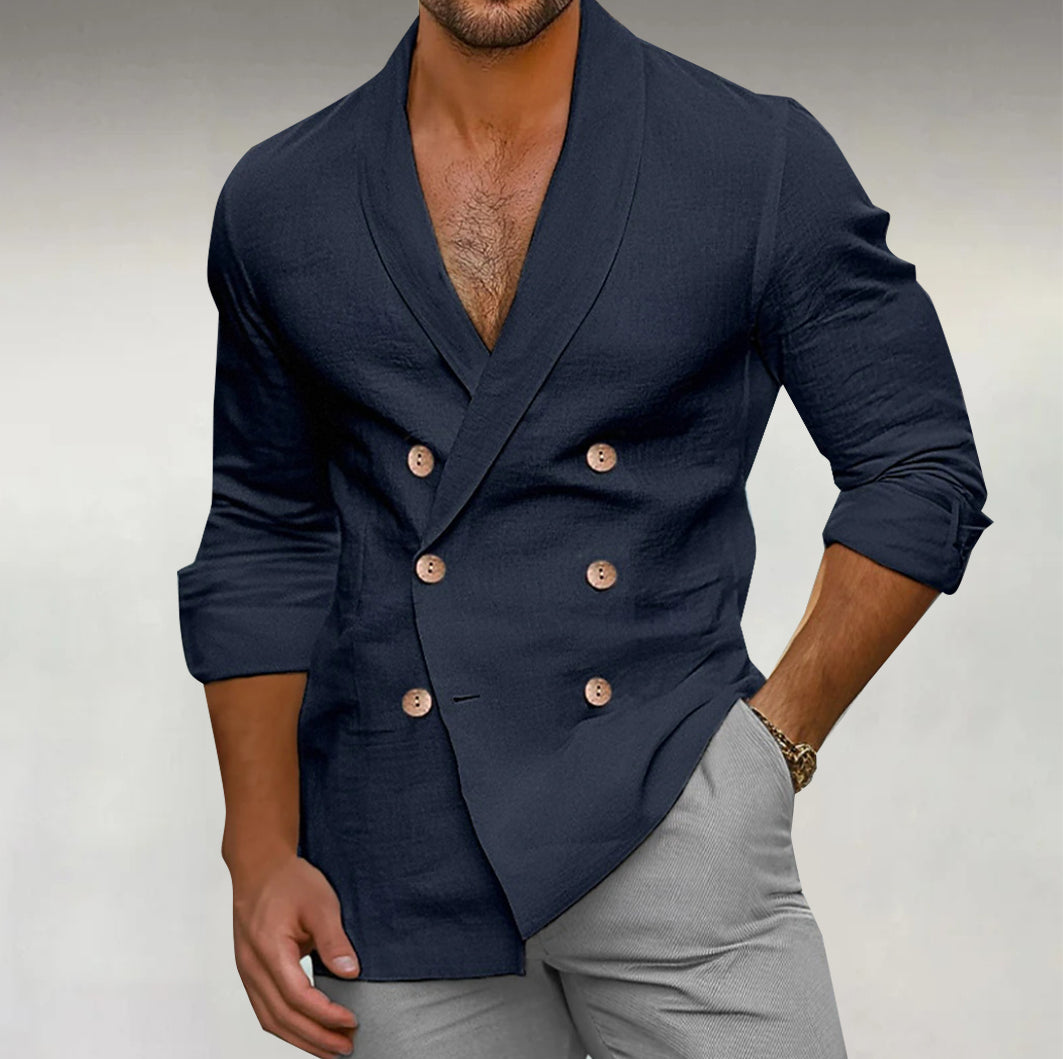 Men's Shawl Lapel Double Breasted Long Sleeve Shirt