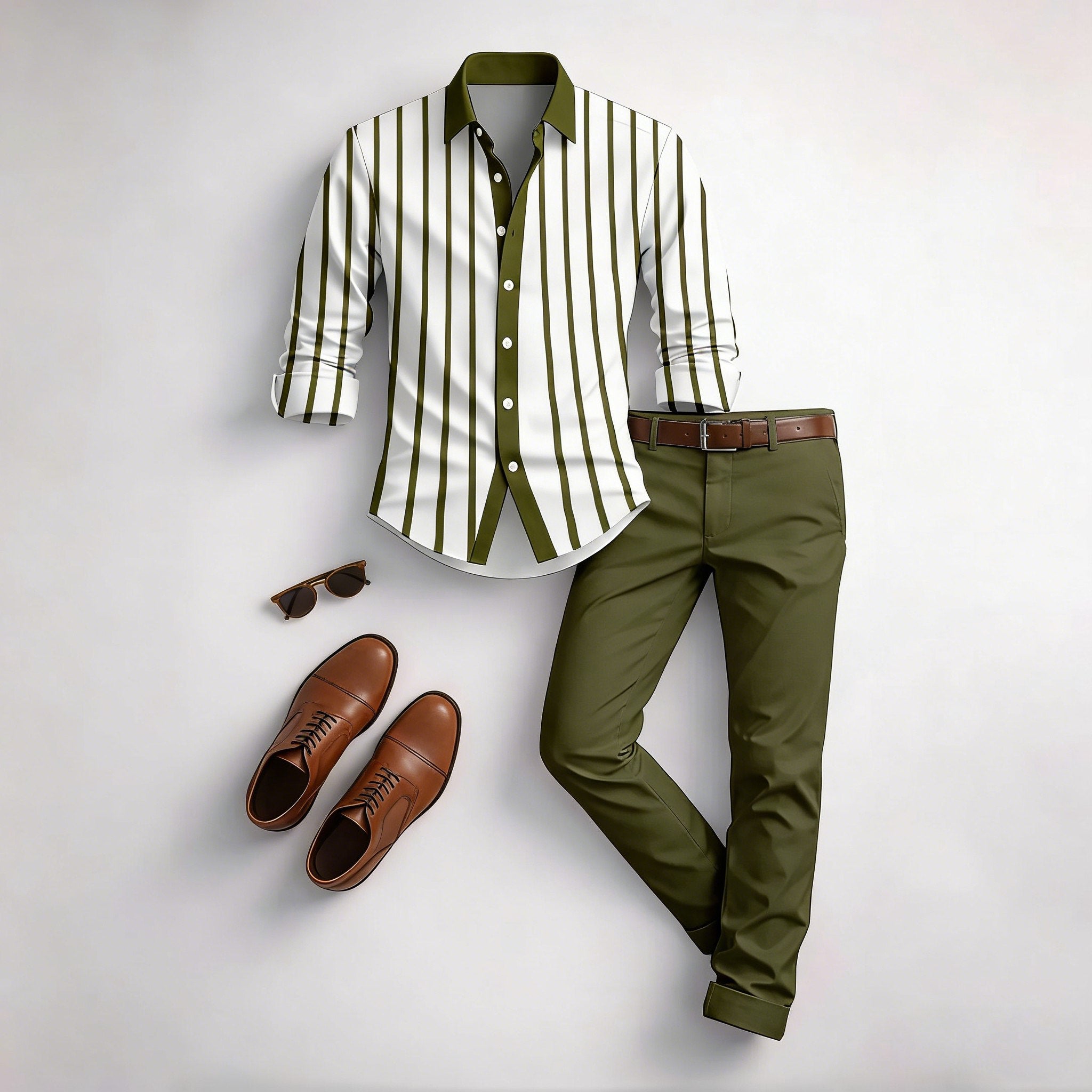 Men's Casual Brown & White Color Matching Striped Printed Long Sleeved Shirt & Trousers Two-Piece Set