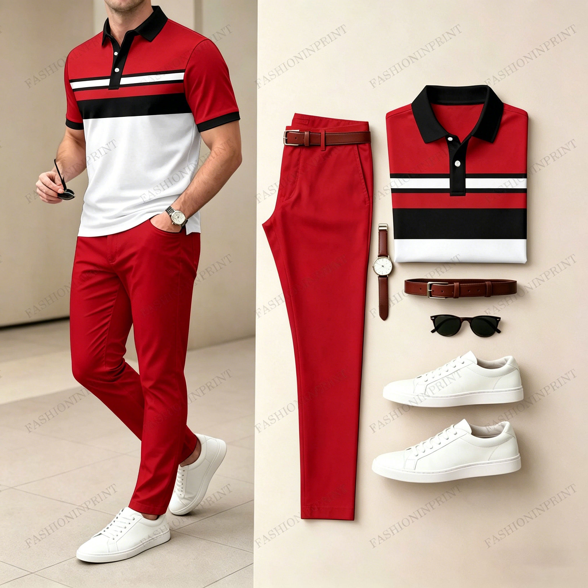 Men's Casual Khaki Geometry Printed Polo Shirt And Pants Two-Piece Set