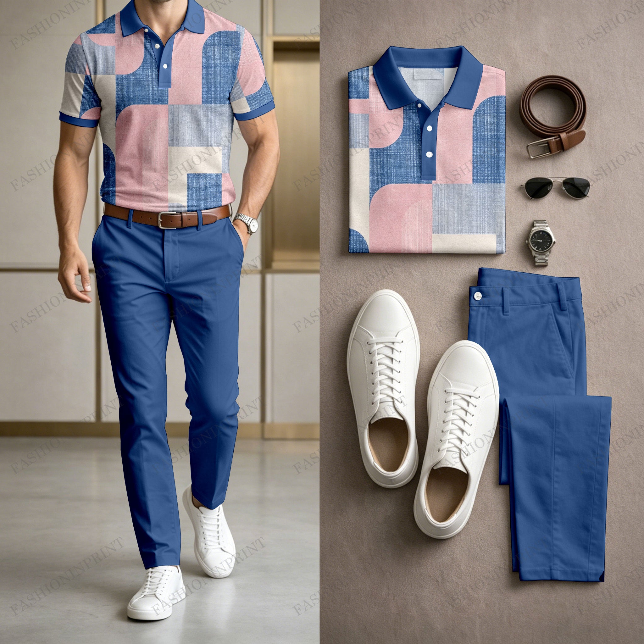 Men's Casual Blue & Pink Geometry Printed Polo Shirt And Pants Two-Piece Set