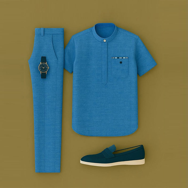 Men's Casual Blue Color Short Sleeved Henry Collar T-Shirt & Trousers Two-Piece Set 200676