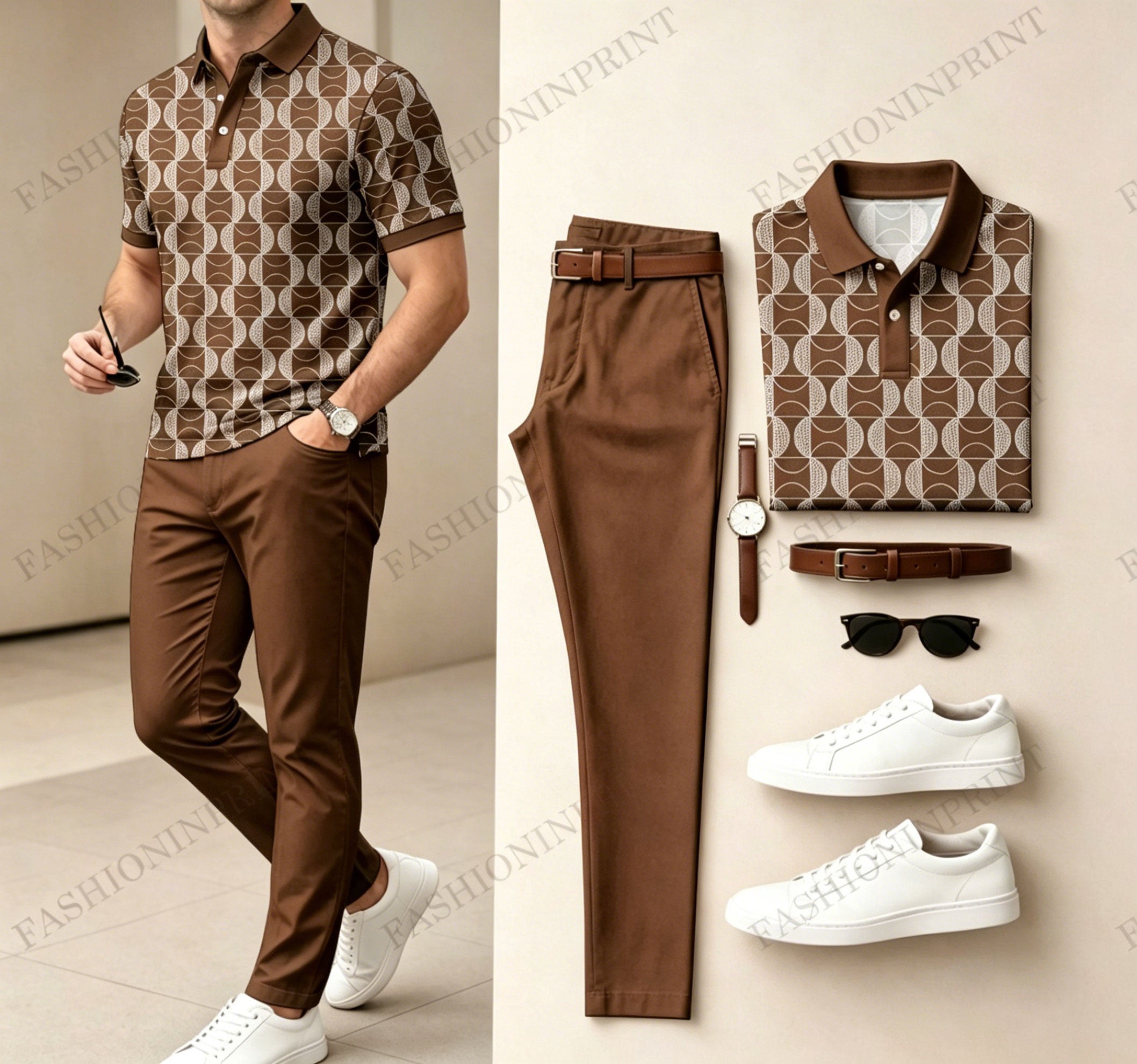 Men's Casual Dark Green Plaid Printed Polo Shirt And Pants Two-Piece Set