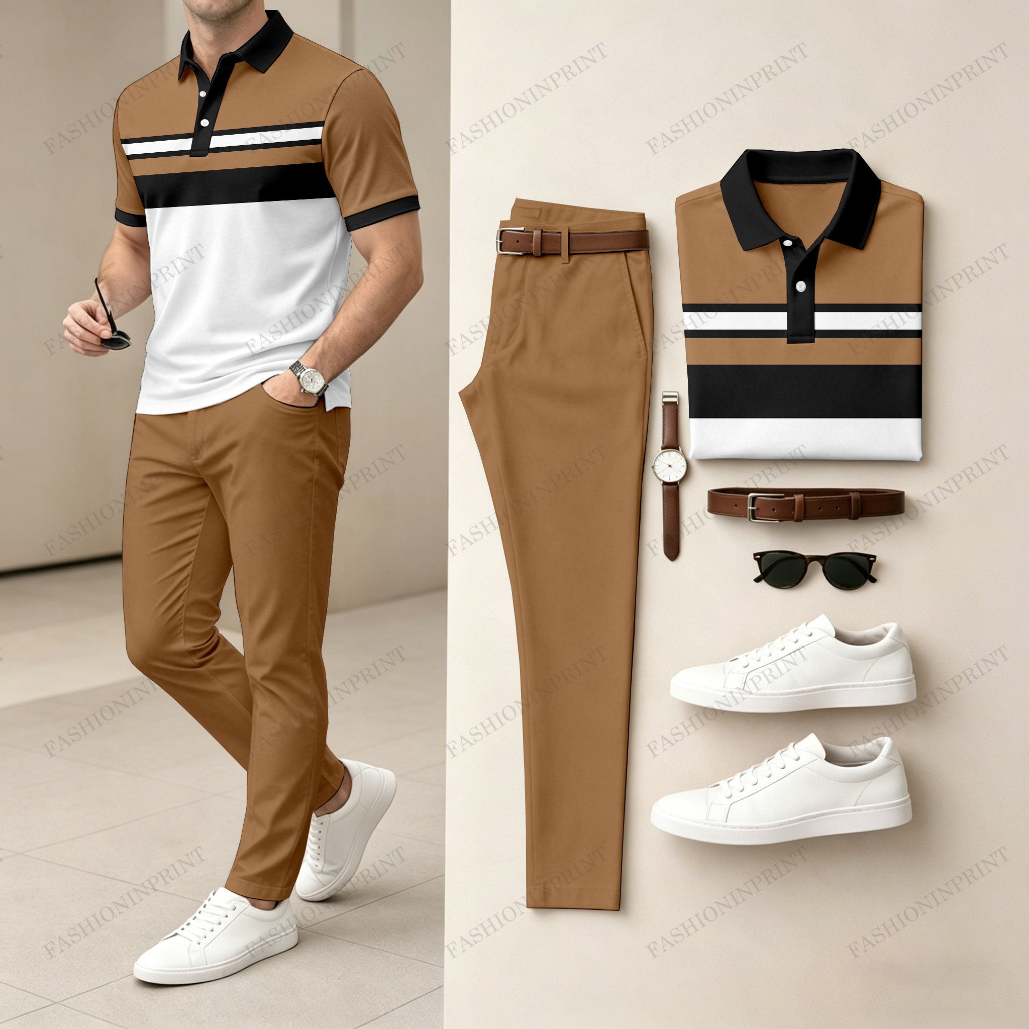 Men's Casual Khaki Geometry Printed Polo Shirt And Pants Two-Piece Set