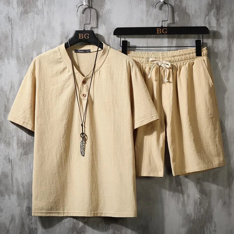 2023 Summer New Men's Classic Fashion Cotton and Linen Two-Piece Men's Leisure Loose Comfortable Large Size High-Quality Suit