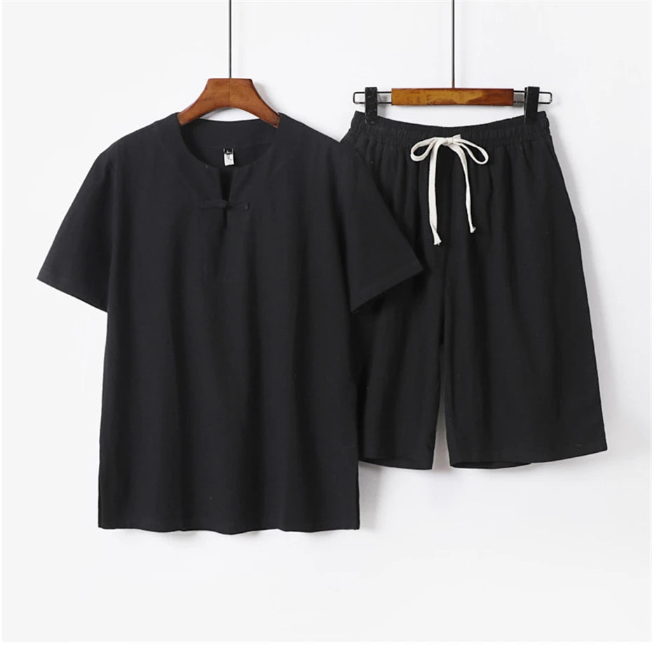 Summer Sets Men Linen T-shirt Shorts Suits Fashion Casual Solid Color Suits Male Plus Size 9XL Chinese Traditional Style Sets