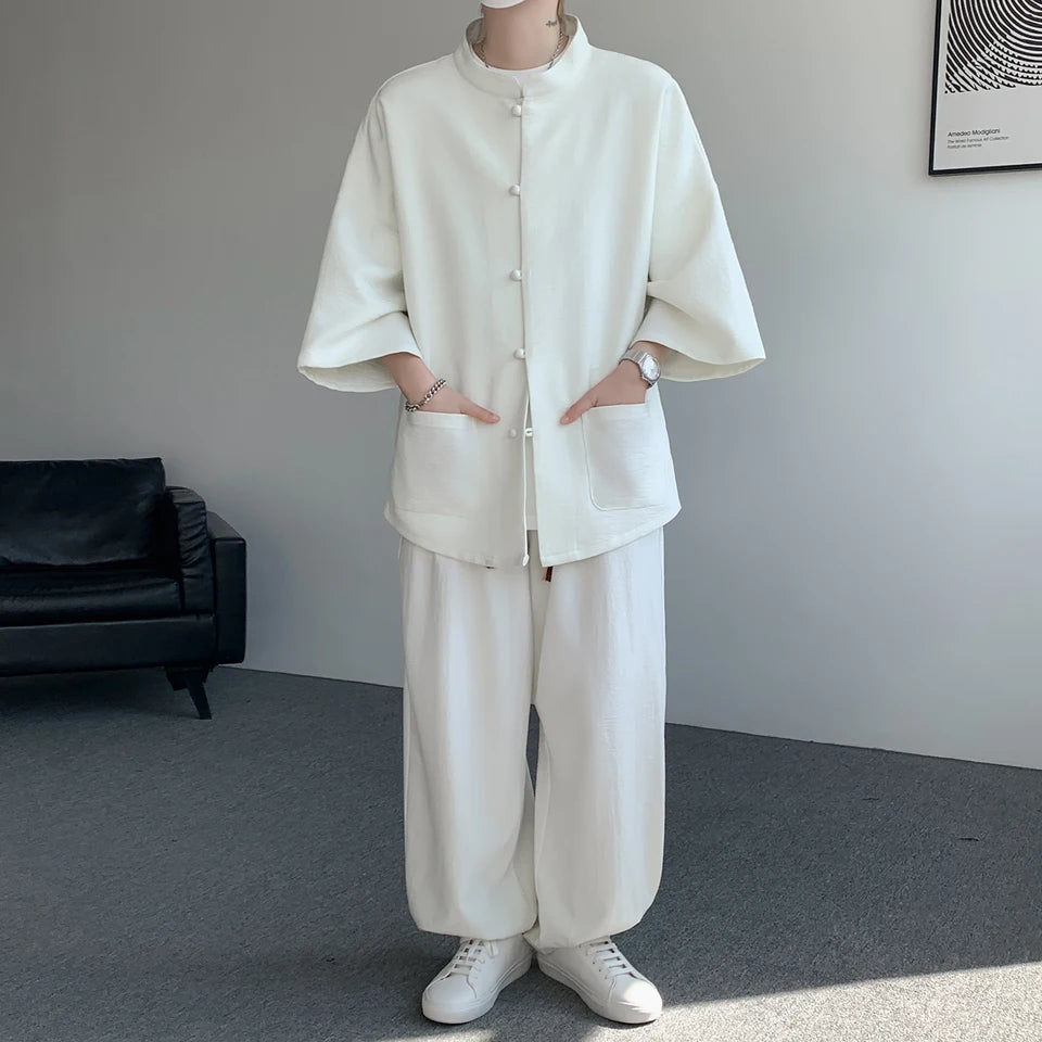 Shirt pnats set Summer Men's Short Sleeve Lin Tang Suit Elderly Chinese Style Hanfu Cotton Lin Buddhist Clothes Casual Business