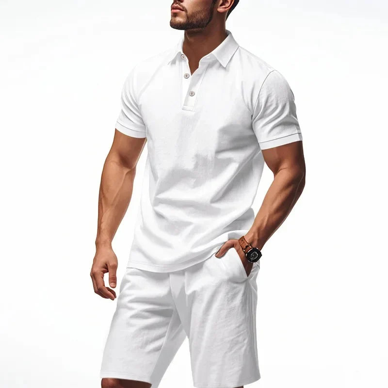 Casual Linen Men's Polo Shirt Short Sleeve Beach Shorts Set Turn-down Collar Summer New Style Men's Fashion Clothing Set