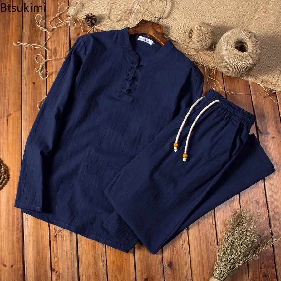 New Men's Chinese Traditional Clothing Breathable Cotton Linen 2PCS Sets Loose Casual Suit Men Tai Chi Kung Fu Costume Tang Suit
