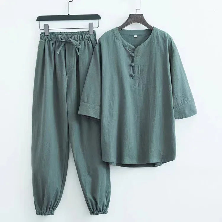 New Men's Cotton Linen Sets Chinese Style Solid Short Sleeve Pants Two Pieces Traditional Clothes Kung Fu Uniform Tang Suit Male