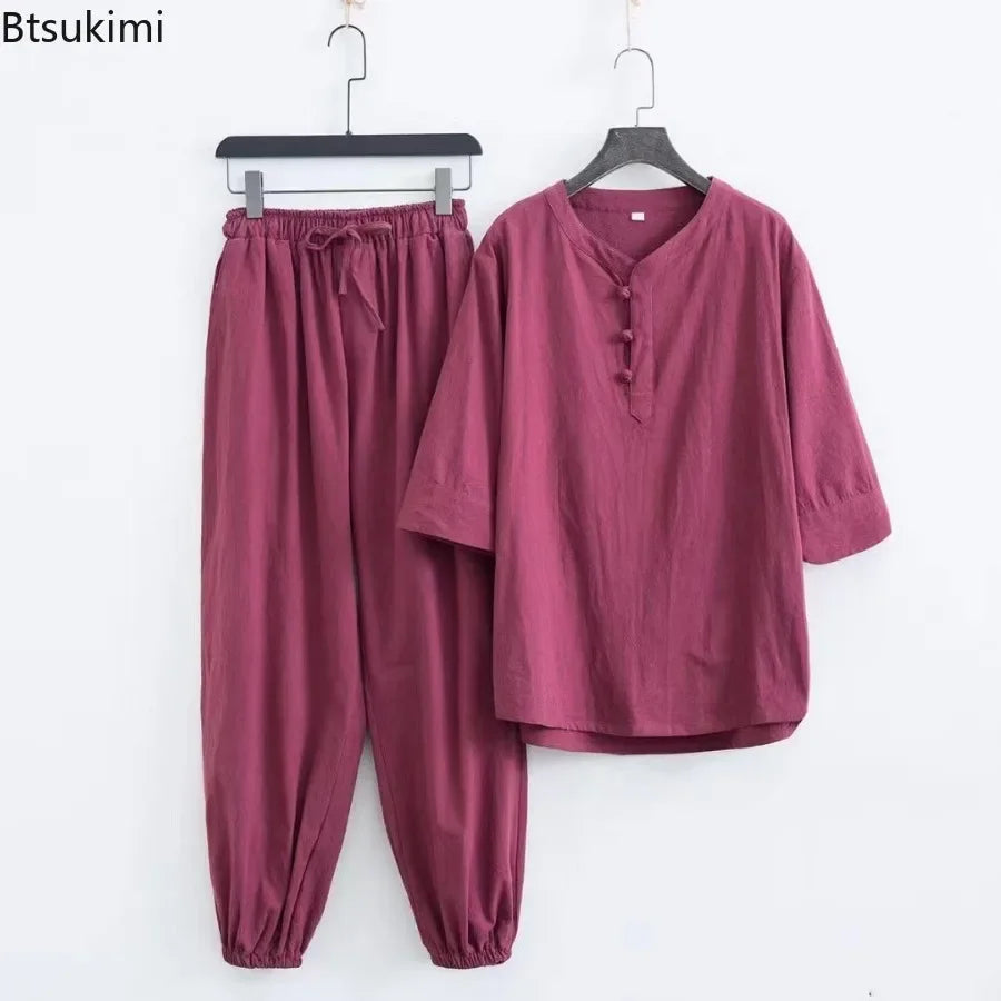 New Men's Cotton Linen Sets Chinese Style Solid Short Sleeve Pants Two Pieces Traditional Clothes Kung Fu Uniform Tang Suit Male
