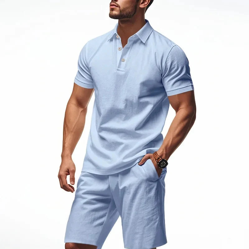 Casual Linen Men's Polo Shirt Short Sleeve Beach Shorts Set Turn-down Collar Summer New Style Men's Fashion Clothing Set