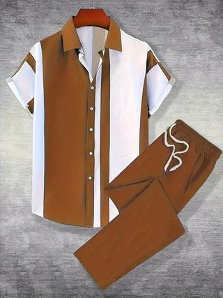 2-Piece Printed Men's Summer Short-Sleeved Button-Down Shirt and Pants Set