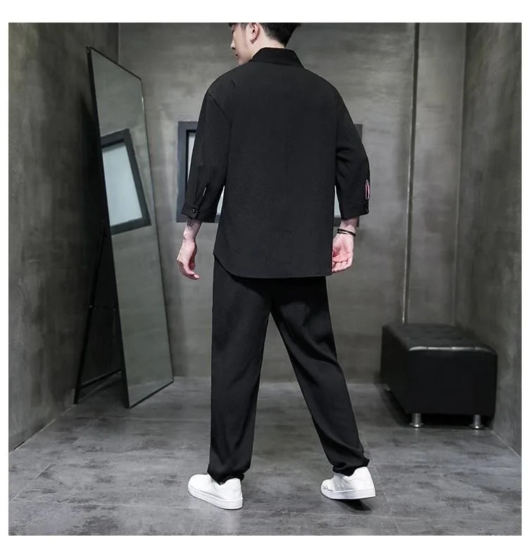 Spring Summer Thin Men Set Two Pieces Ice Silk V Neck Button Half Sleeve Tops Breathble Solid Color Pants Fashion Set