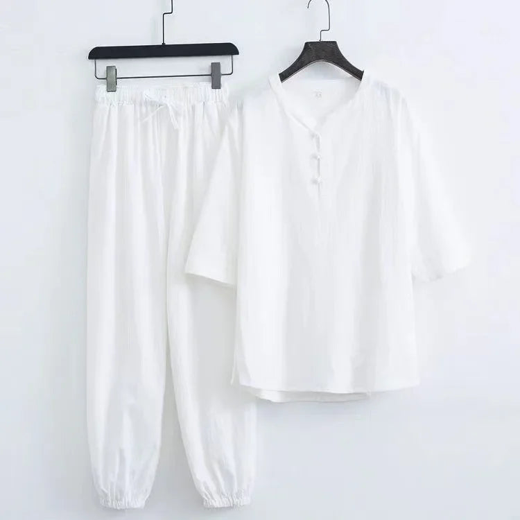 New Men's Cotton Linen Sets Chinese Style Solid Short Sleeve Pants Two Pieces Traditional Clothes Kung Fu Uniform Tang Suit Male