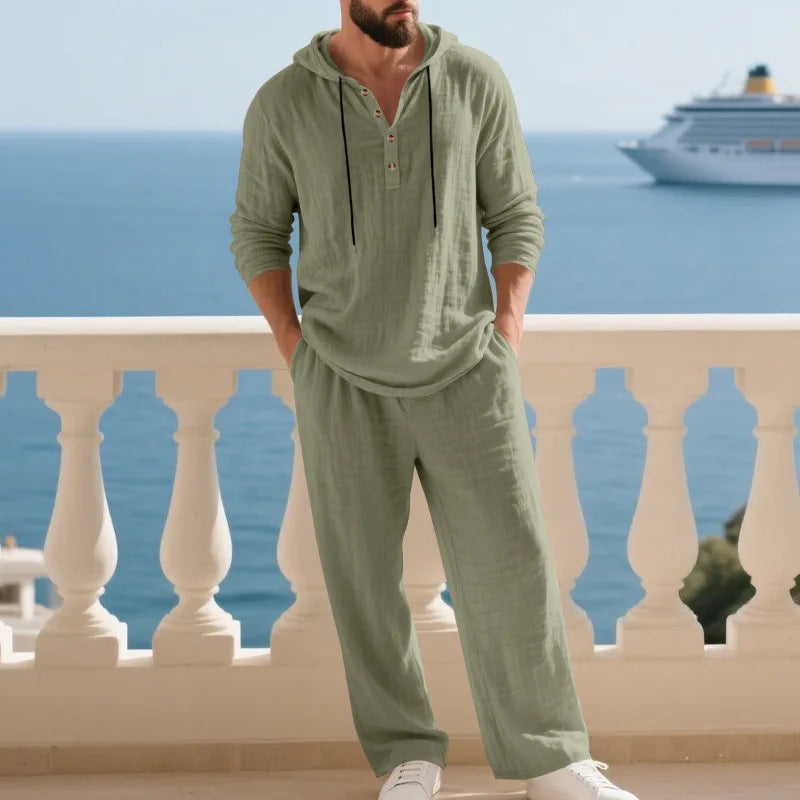 Spring Summer Linen Men's Casual Suit Loose Hooded Henley Long Sleeve Long Pants Set Solid Color Fashion Casual