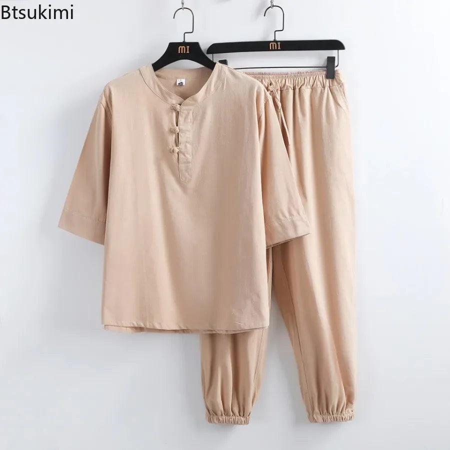 New Men's Cotton Linen Sets Chinese Style Solid Short Sleeve Pants Two Pieces Traditional Clothes Kung Fu Uniform Tang Suit Male