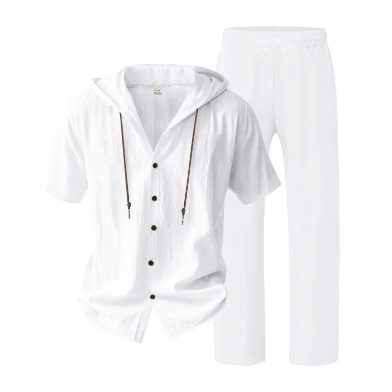 American Summer Men's Linen Casual Set Short-Sleeved Shirt And Long Pants 2-Piece Comfortable Loose Fit for Men