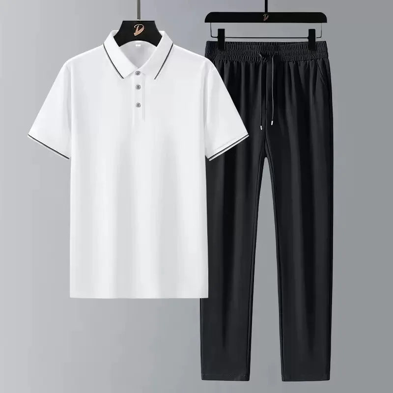 New Summer Fashion Trendy Comfortable Breathable Short Sleeve Polo Shirt Set Men's Casual Loose Sports Plus Size Two-Piece Set