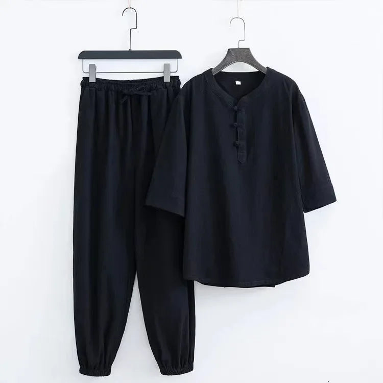 New Men's Cotton Linen Sets Chinese Style Solid Short Sleeve Pants Two Pieces Traditional Clothes Kung Fu Uniform Tang Suit Male