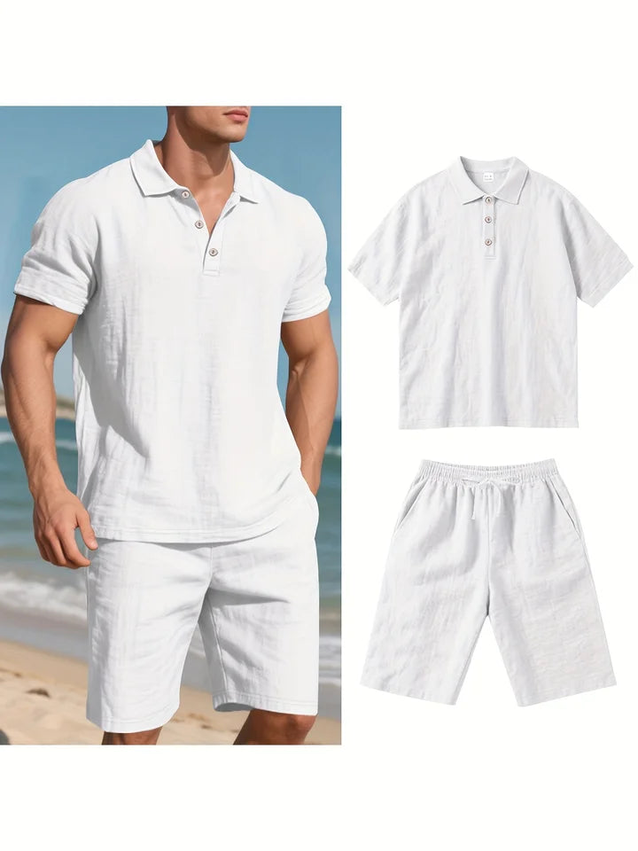 Summer Men Suit Fashion Linen Lapel Button 2 Piece Set Short-sleeved Polo Shirts+Shorts Sportswear Beach Man Suit
