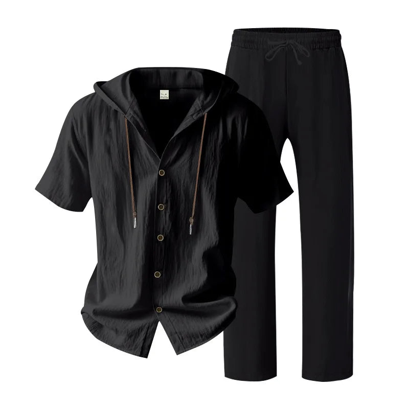 American Summer Men's Linen Casual Set Short-Sleeved Shirt And Long Pants 2-Piece Comfortable Loose Fit for Men