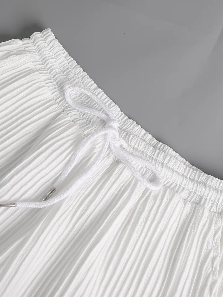 Men's White Vertical Striped Textured Henley Shirt Casual Set 2 Piece Summer Short Sleeve Drawstring Pants Outfit