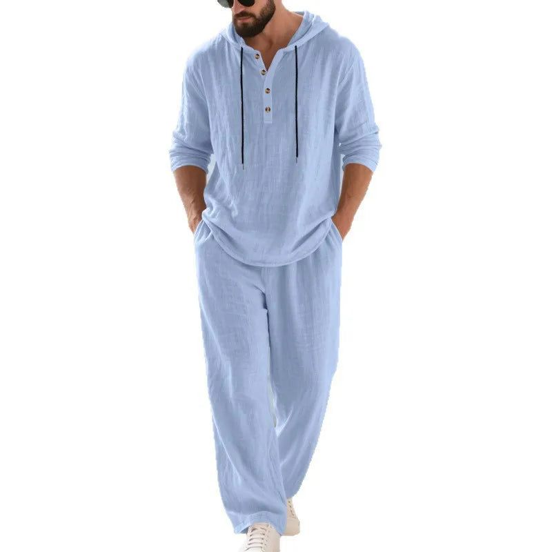 Man's 2pcs Set, 8 colors Linen European and American new summer men's fashion pure color casual Long-sleeved Shirt & Pants suit