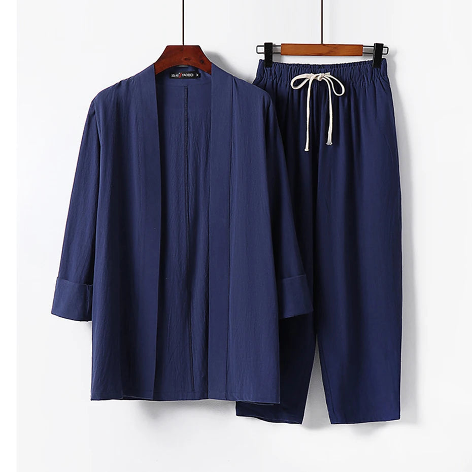 9XL Plus Size Shirts Pants Sets Japan Style Cotton Linen Kimono Suits Man Big Size Summer Shirts and Pants Sets 8XL 7XL