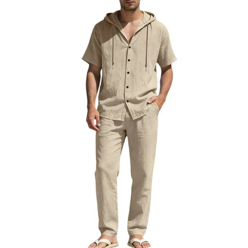 American Summer Men's Linen Casual Set Short-Sleeved Shirt And Long Pants 2-Piece Comfortable Loose Fit for Men