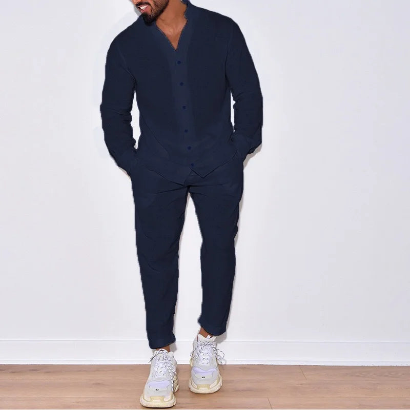 New Men's Breathable Long-Sleeve Shirt Set & Men's 100% Cotton Solid Color Casual Trousers Two-Piece Set for a Resort Style