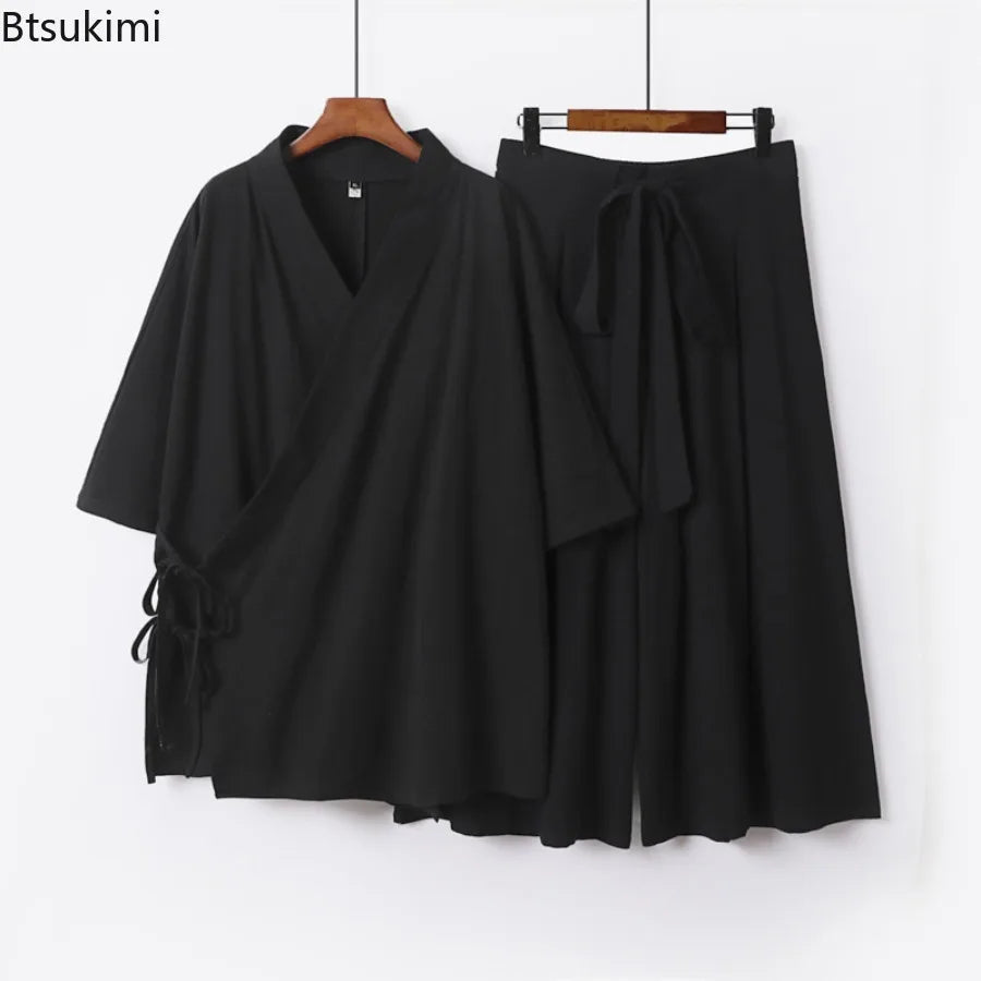 2026 Chinese Style Men's Linen Suit Tang Style Zen Style Hanfu Taoist Long Robe Top Pants Cotton and Linen Loose Two-piece Set