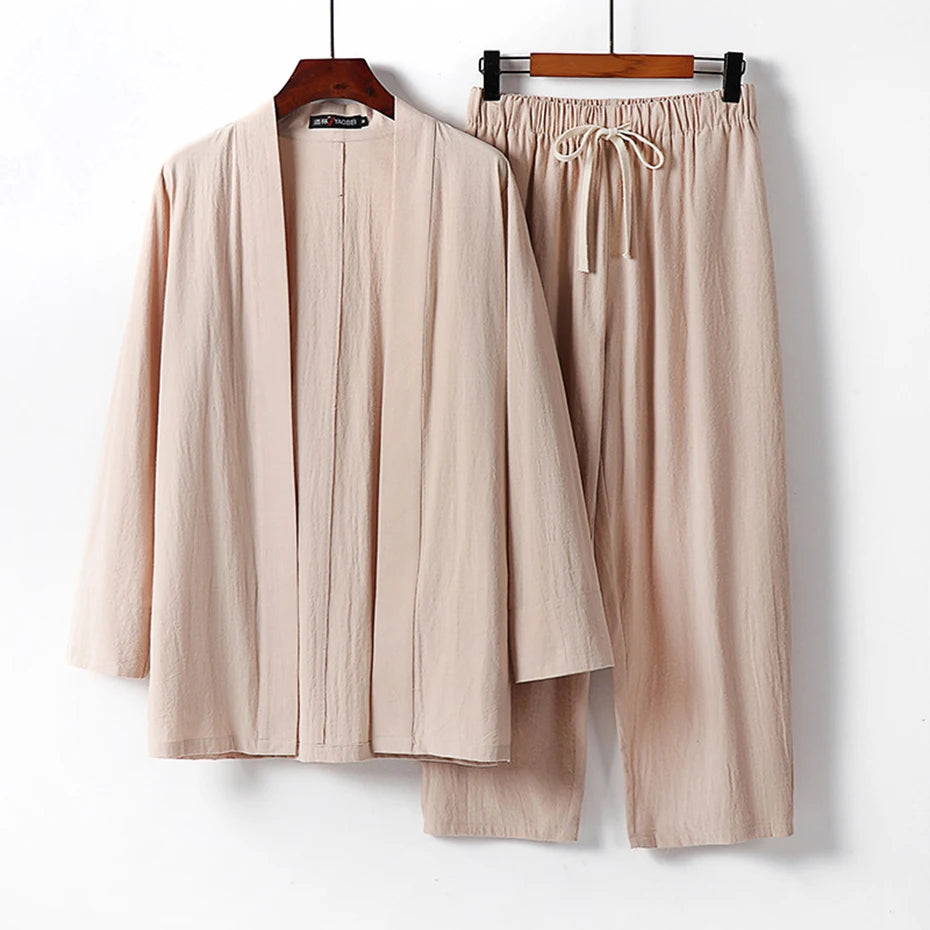 9XL Plus Size Shirts Pants Sets Japan Style Cotton Linen Kimono Suits Man Big Size Summer Shirts and Pants Sets 8XL 7XL