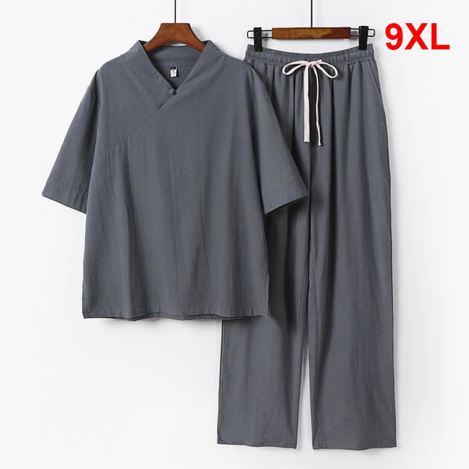 Linen Sets Men Sprint Summer T-shirt Pants Suits Casual Solid Color Suits Male Plus Size 9XL Chinese Traditional Style Sets