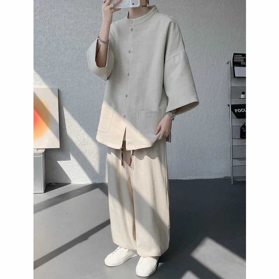Shirt pnats set Summer Men's Short Sleeve Lin Tang Suit Elderly Chinese Style Hanfu Cotton Lin Buddhist Clothes Casual Business