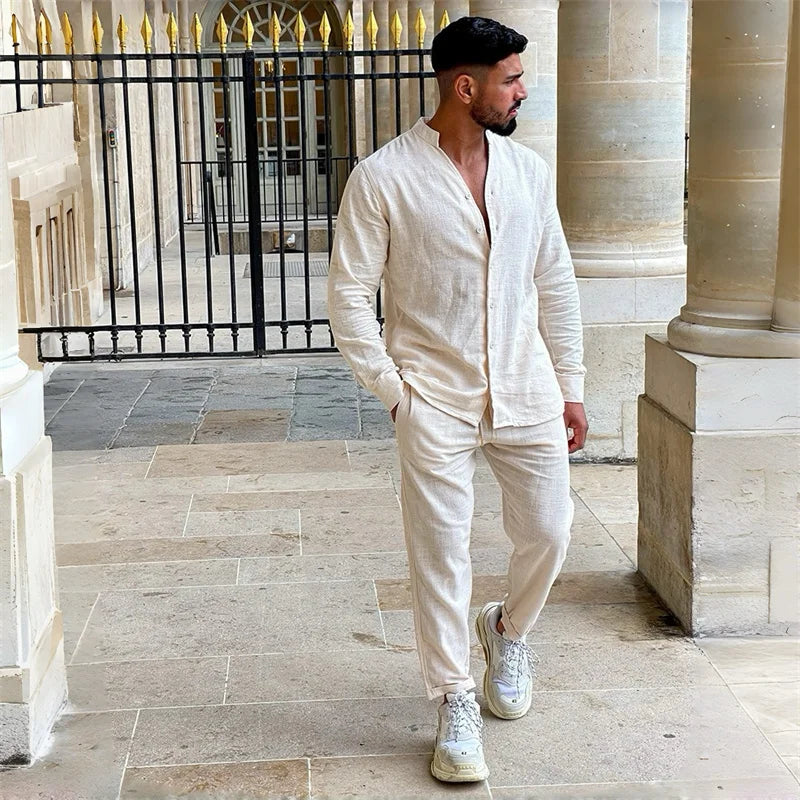 New Men's Breathable Long-Sleeve Shirt Set & Men's 100% Cotton Solid Color Casual Trousers Two-Piece Set for a Resort Style