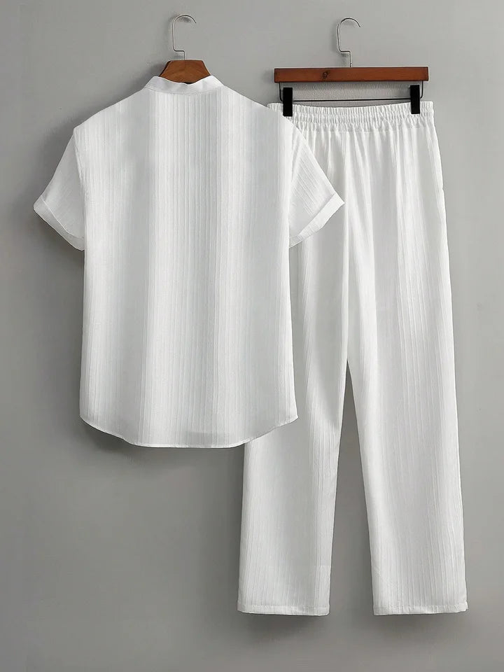 Men's White Vertical Striped Textured Henley Shirt Casual Set 2 Piece Summer Short Sleeve Drawstring Pants Outfit